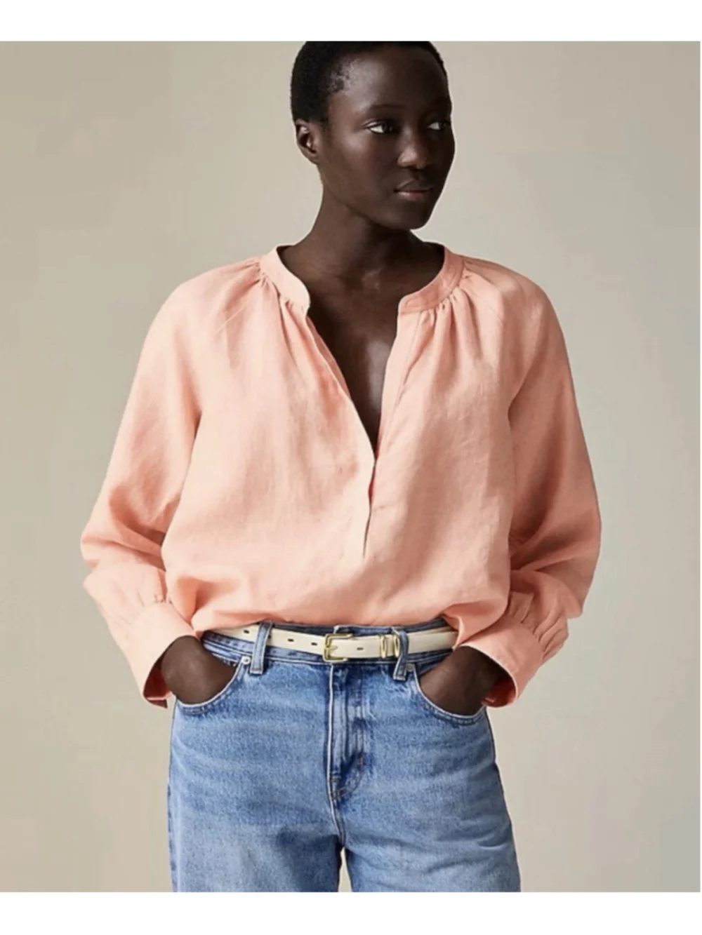 J Crew Cabana Top Linen Shirt Womens Medium Peach Clay Popover Blouse Flowy